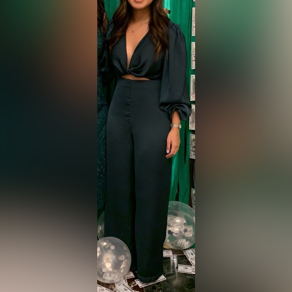 Missguided Dark Green, Wide Leg, Satin Jumpsuit (size 6)